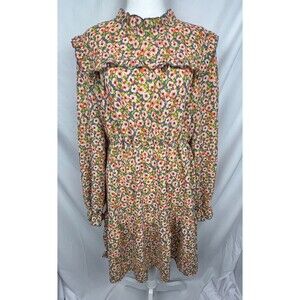 Chic Style Floral Mini Dress L Cottagecore Prairie Ruffle High Neck Long Sleeve